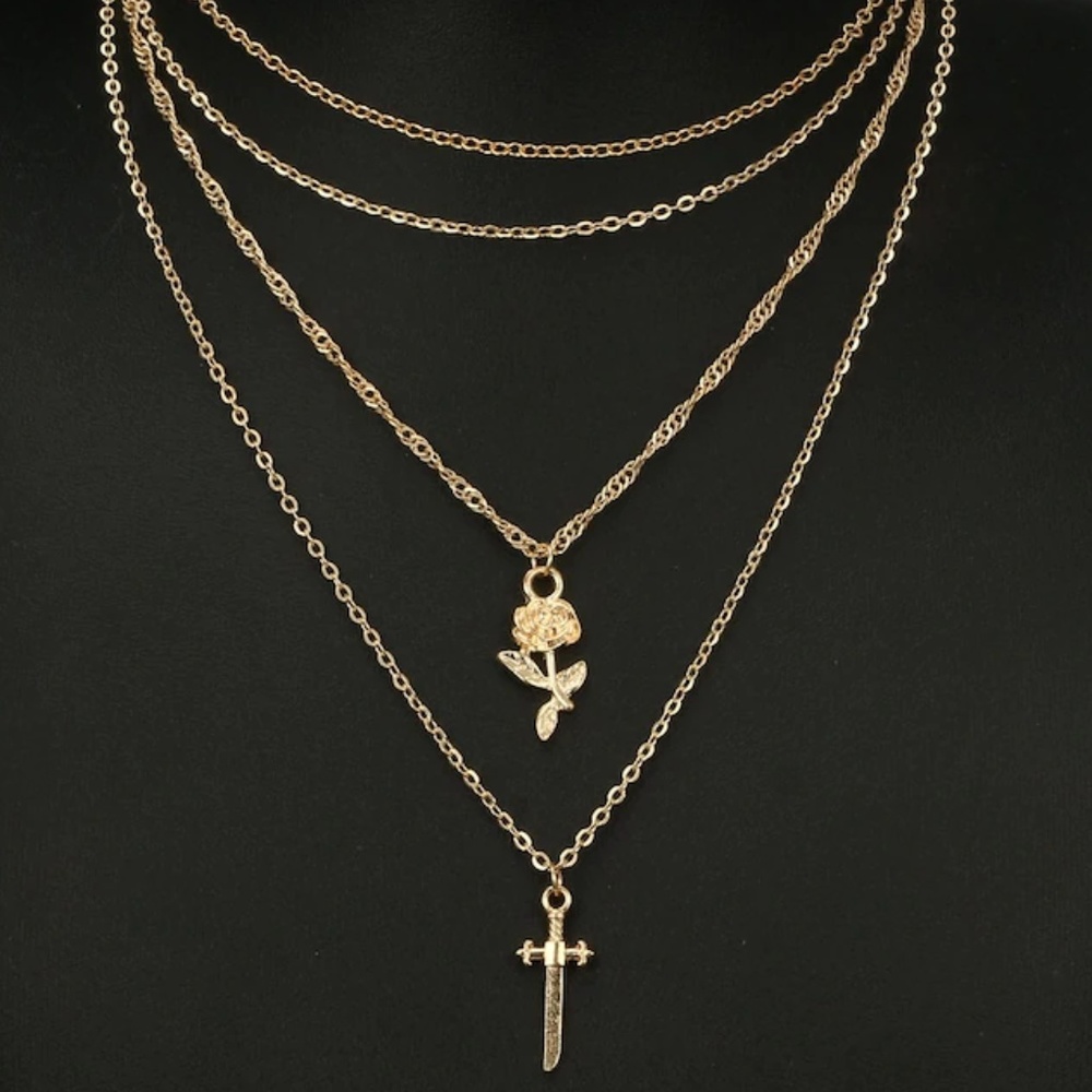 Gold Layered Necklace with Rose and Sword